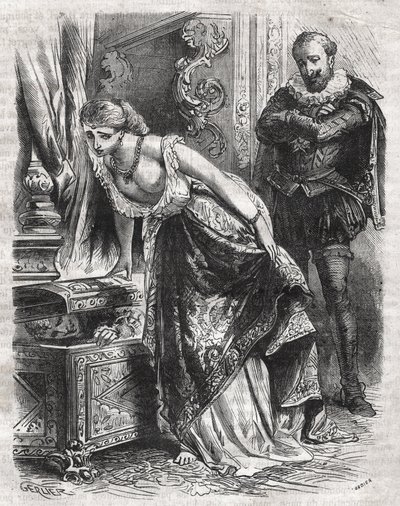 Marguerite de Valois (1553-1615), známá jako královna Margot, ukrývá v trezoru svého milence Juliena de Leris. Její manžel, francouzský král Jindřich IV. (1553-1610), scénu s legrací pozoruje. 16. století. Rytina z roku 1871 v „Histoire Des Cocuses Celebre od French School