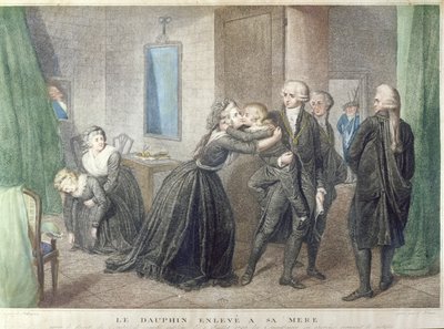 Marie-Antoinette (1755-1793) se loučí se svým synem dauphinem, Louis-Charles de Bourbon (1785-1795) v chrámu, 3. července 1793, (barevná rytina) od French School