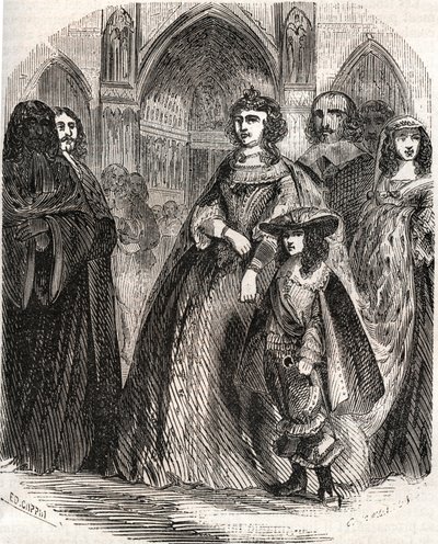 Marie de Medicis (1573-1642), francouzská královna a regentka království se svým synem Ludvíkem XIII. jedoucí do Notre-Dame de Paris - v "Histoire de France" od L.-P. Anquetil od French School