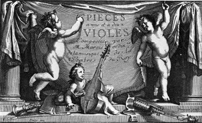 Marin Marais, frontispis „Pieces a une et feux viololes“ od French School