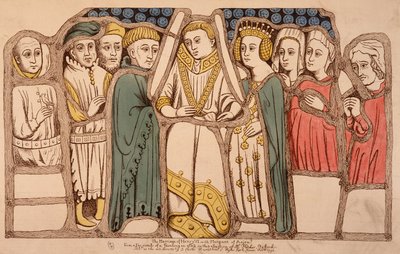 Sňatek Jindřicha VI. Anglického (1421 - 1471) a Margarity z Anjou (1429 - 1482) v roce 1445. Rytina z roku 1793. Bibl. Arts Deco v Paříži. od French School