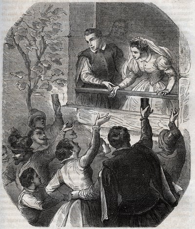 Sňatek Martina Guerra (kolem 1524) a Bertrande de Rols v Artigatu (Ariege) dne 15. května 1539. Rytina z roku 1871 v „Histoire Des Cocuses Celebres““ od Henryho de Kocka (1819-1892). od French School