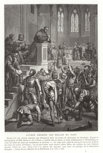 Martin Luther trhá papežské buly, Wittenberg, Německo, 1520 od French School