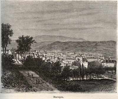 Marvejols - Lozere - Languedoc-Roussillon - rytina v „La France illustrée: geografie, historie, statistická správa“ od V.-A. Sladově hnědá. 1884 od French School