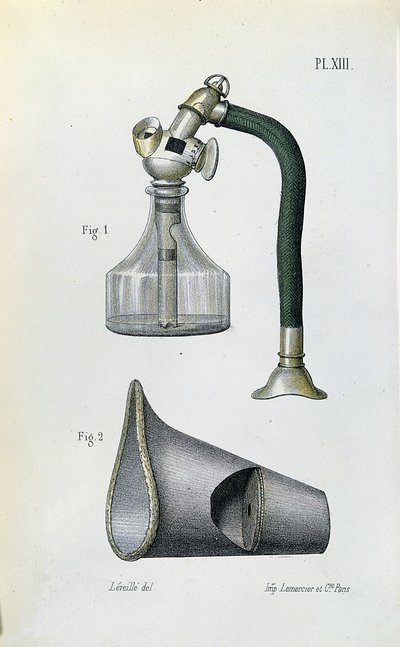 Maska pro aplikaci éteru k anestezii pacienta, z lékařské příručky od Jean-Baptiste-Leon Dubreuil od French School