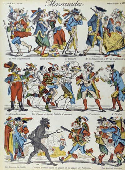 Maškaráda: maskované karikaturní postavy - Obrázek Epinal od French School