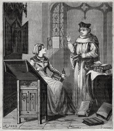Matthieu Lansbert (Lansberg, Lansbergh, Laensberg nebo Laensbergh) (15.-16. století) a její neteř – Rytina do „“ Vědy dostupné všem – fyzika a chemie““ od Alexise Clerca – Konec 19. století – Soukromá sbírka od French School
