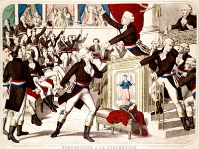 Maximilian Robespierre na Konventu (Seance of 19 Thermidor 1794), Jean Lambert (Jean-Lambert) Tallian ohrožuje Robespierra nožem - Populární dobová rytina od French School
