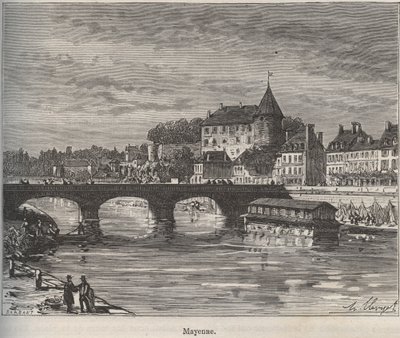 Mayenne je obec na západě Francie v regionu Pays de la Loire - rytina v „La France illustree: geography, history, Administration Statistique“ od V.-A. Sladově hnědá. 1884 od French School