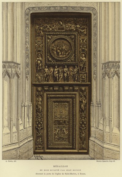 Medailon ve dřevě vyřezaný Jean Goujon ve dveřích kostela Saint-Maclou, Rouen od French School
