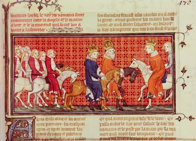 Setkání mezi francouzským Karlem V. (1338-80) a císařem Svaté říše římské Karlem IV. (1316-78) v doprovodu římského krále z Grandes Chroniques de France od French School