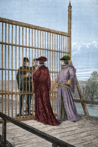 Setkání francouzského krále Edwarda IV. a Ludvíka XI. v Pecquigny - Treat de Picquigny (departement Somme) 29. srpna 1475 mezi Ludvíkem XI. a Edwardem IV. končí stoletou válku - rytina v „L