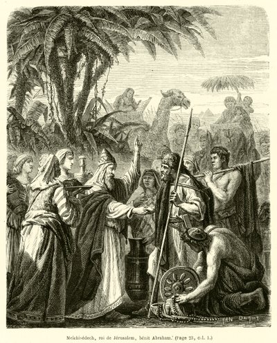 Melchisedech, roi z Jeruzaléma, benit Abraham (rytina) od French School