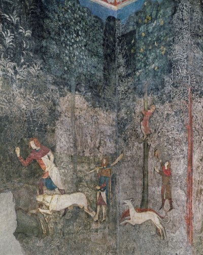 Muži na lovu se psy, detail z La Chambre du Cerf (Jelení pokoj) 1343 od French School
