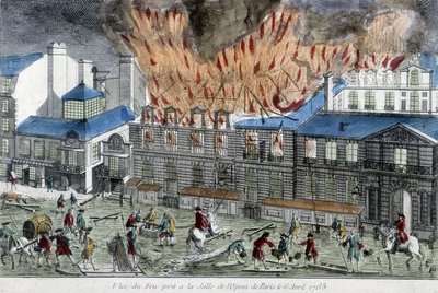 Muži snažící se uhasit požár pařížské opery v roce 1763. od French School