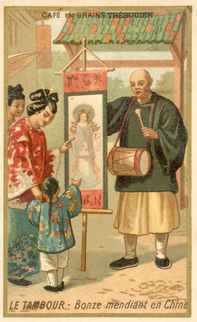 Žebravý mnich s bubnem, Čína (chromolitho) od French School