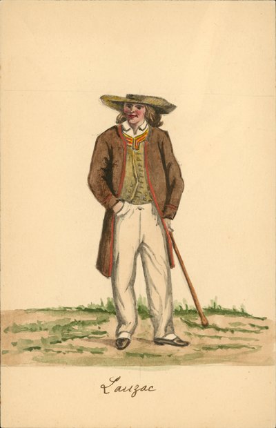Mužský kroj z Lauzachu, Morbihan (barevná litografie) od French School