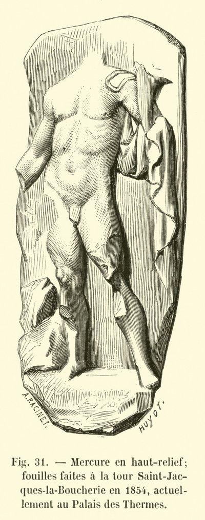 Merkur ve vysokém reliéfu; vykopávky provedené ve věži Saint-Jacques-la-Boucherie v roce 1854, v současné době v Palais des Thermes od French School