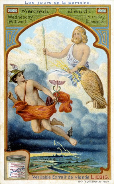 Merkur a Jupiter hrají středu a čtvrtek. Reklama z 19. století na „pravý Liebigův masový extrakt“. od French School