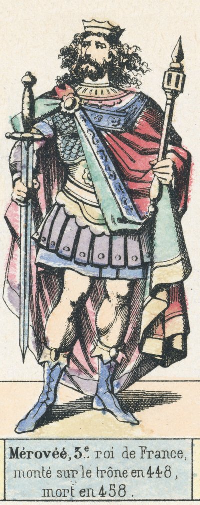 Merovee, 3. král Francie, nastoupil na trůn v roce 448, zemřel v roce 458 (barevná rytina) od French School
