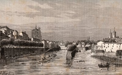 Metz - pohled na přístav Saint-Georges - Moselle - rytina v „La France illustrée: geografie, historie, statistická správa“ od V.A. Malt-Brown. 1884 od French School