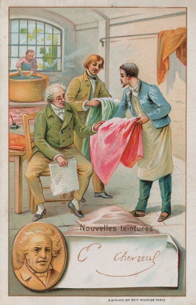 Michel Eugene Chevreul, francouzský chemik (1786-1889), kontrolující některá nová barviva od French School