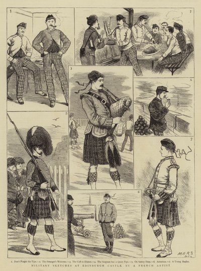 Vojenské náčrtky na Edinburgh Castle (rytina) od French School