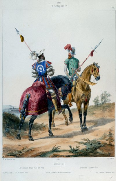 Vojenské uniformy: milice za Francoise I., kuše města Paříže a lukostřelec zadního zákazu v roce 1547. Litografie 19. století. od French School