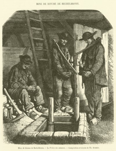 Bitumenový důl Bechelbronn, La Priere des mineurs (rytina) od French School
