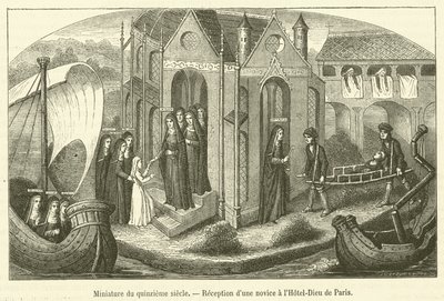 Miniatura patnáctého století, přijetí novice v hotelu-Dieu v Paříži (rytina) od French School