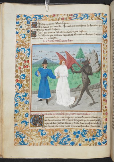 Miniatura muže s andělem strážným a čertem Sloane MS 3049 f. 27, c. 1480 (vellum) od French School