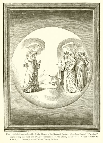 Miniatura, kterou namaloval Giulio Clovio ze šestnáctého století, převzatá z Dantesova ráje, od French School
