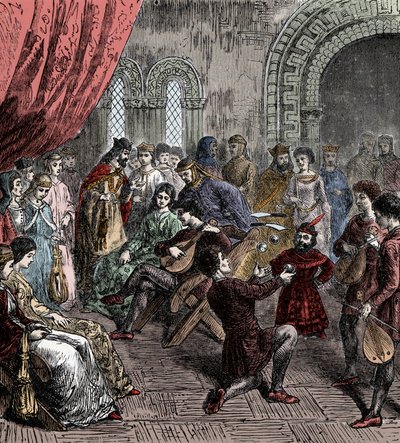 Minstrels a kejklíři u dvora (ručně kolorovaná rytina) od French School