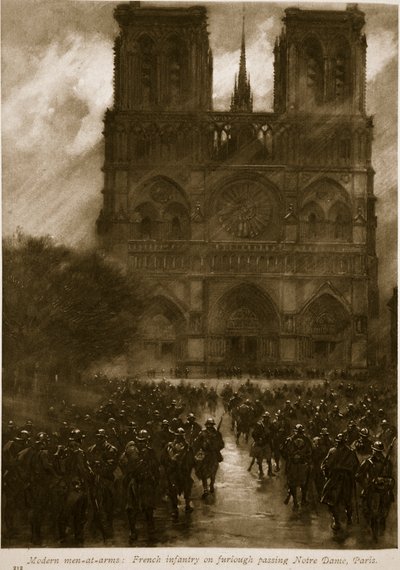 Moderní zbrojíři: Francouzská pěchota na dovolené prochází Notre Dame, Paříž, 1914-19 od French School