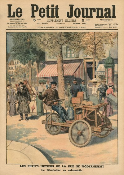 Modernizace pouličních prací, brusič nožů v autě, ilustrace z 