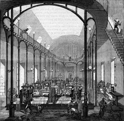 Vydělávání peněz: válcování a řezání. Rytina v „“ Le Monde Illustré““ č. 145 z 21. ledna 1860. od French School