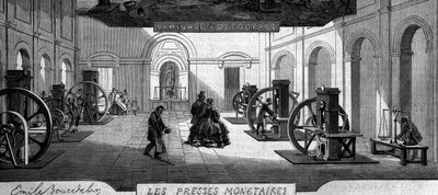 Vydělávání peněz: nakupujte lisy na peníze. Rytina v „“ Le Monde Illustré““ č. 145 z 21. ledna 1860. od French School