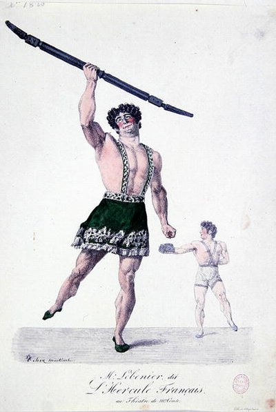 Monsieur Lebenier, známý jako „francouzský Herkules“, kolem 1820-30 (barevné lito) od French School