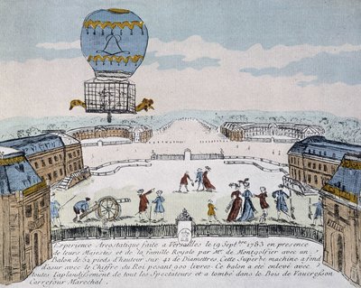 Montgolfierův první let aerostatu obývaného zvířaty organizovaný ve Versailles, 19. září od French School