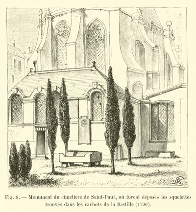Památník na hřbitově Saint-Paul, kde byly uloženy kostry nalezené v kobkách Bastily, 1790 od French School