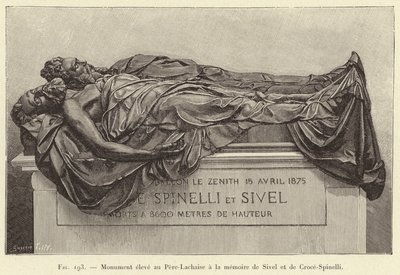 Památník postavený v Pere-Lachaise na památku Sivel a Croce-Spinelli (rytina) od French School