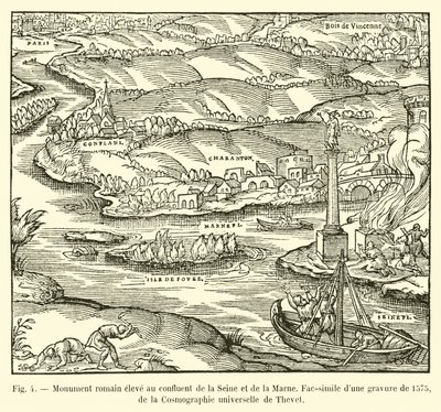 Římský pomník postavený na soutoku Seiny a Marny, Faksimile rytiny z roku 1575, z Cosmographie Universelle od Theveta od French School