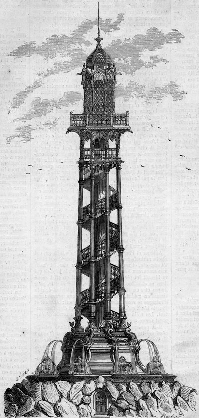 Monumentální sloup artéské studny Passy od německého inženýra Charlese Gosshelf Kind. Rytina v „“ Le Monde Illustré““ č. 25 z 3. října od French School