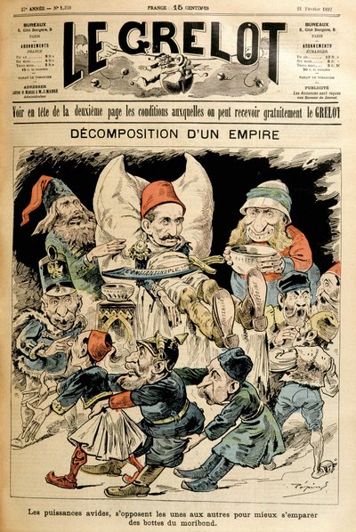Umírající Turecko a cizí mocnosti bojující o jeho boty, obálka „“Le Grelot““ 21.2.1897. od French School