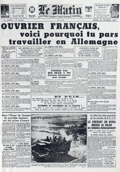 Ranní žurnál č. 21311 z 20. října 1942: The Sto - Povinná pracovní služba - Proč jít pracovat do Německa - od French School