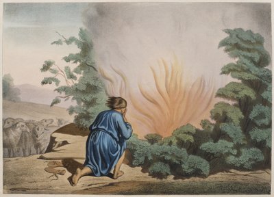 Mojžíš a hořící keř, ilustrace z katechismu LHistoire Sainte, vydal Charles Delagrave, Paříž, konec 19. století od French School