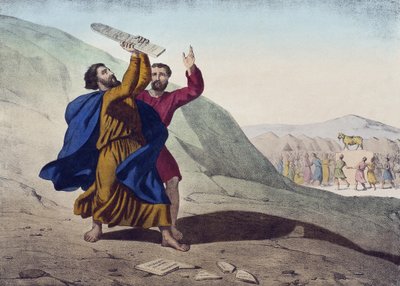 Mojžíš láme desky zákona a klaní se zlatému tele, ilustrace z katechismu LHistoire Sainte, vydal Charles Delagrave, Paříž, konec 19. století od French School