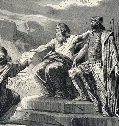 Mojžíš nařídil lidu Izraele, aby uznal autoritu Josue (Mojžíš si vybral Joshuu jako svého nástupce) Rytina ze „Svaté historie“ od Lahura Soukromá sbírka z 19. století od French School