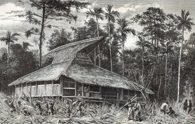 Mešita v Dodinga, Nová Guinea, ilustrace z časopisu Le Tour du Monde, 1879 od French School