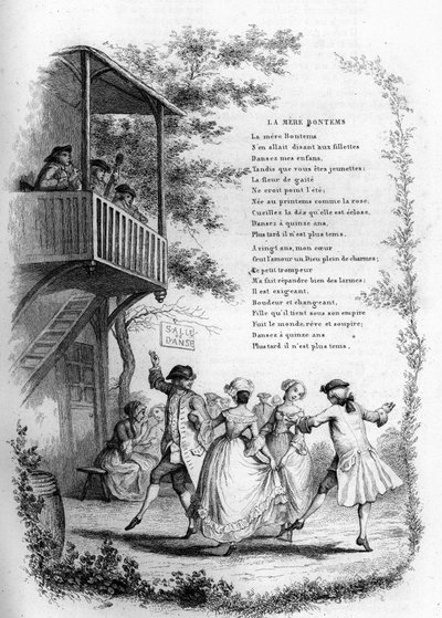 Matka Bontems (Bontemps). Tanec mladých párů na vesnici s muzikanty na balkóně. Rytina do „“ Chants et chansons populaire de la France“, Tome 2 od French School